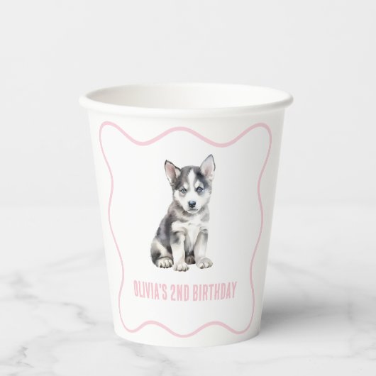 Puppy husky preppy pink plaid birthday 紙コップ (正面)
