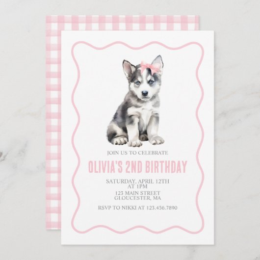 Puppy husky preppy plaid birthday invitation 招待状 (正面/裏面)