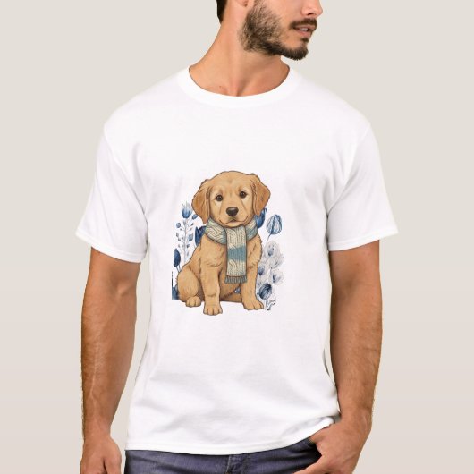 Puppy in Cozy Blue Scarf Tシャツ (正面)