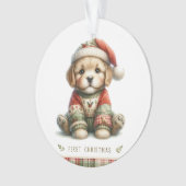 Puppy in Patchwork Sweater & Santa Hat オーナメント (正面)
