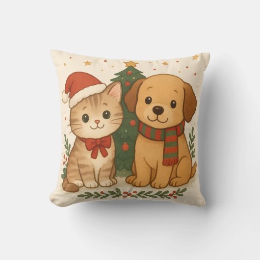 Puppy & Kitten Christmas Cheer クッション (正面)