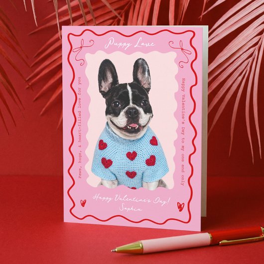 Puppy Love Pink Red Retro Dog Pet Photo Valentines シーズンカード