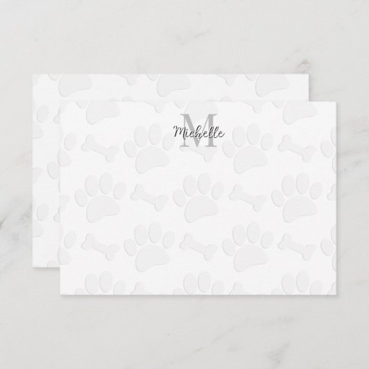 Puppy Paw Prints and Bones Custom Monogram ノートカード (正面/裏面)