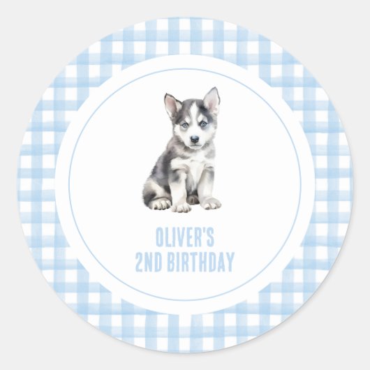 Puppy preppy plaid birthday ラウンドシール (正面)