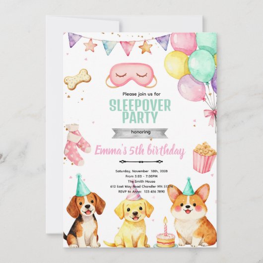 Puppy Sleepover birthday Party Invitation 招待状 (正面)