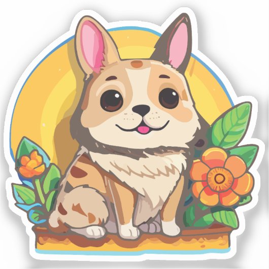 Puppy Sticker with Flower シール (正面)