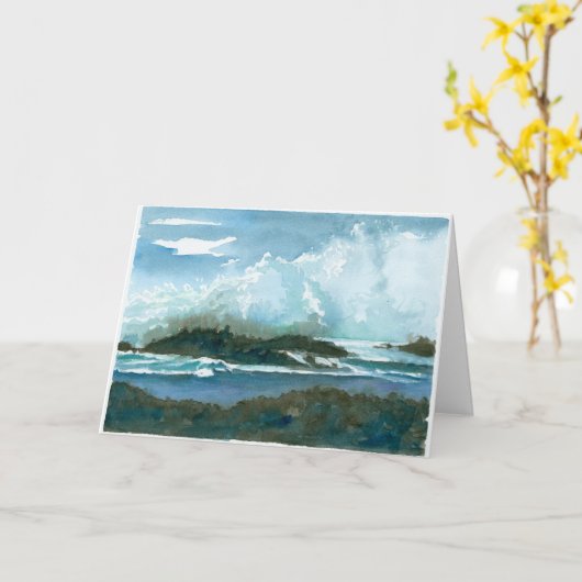 Pupukeaハワイの水彩画の海洋波の誕生日 カード (黄色い花)