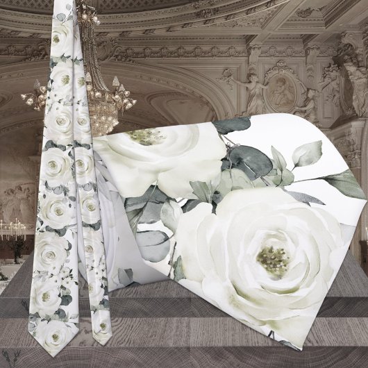 Pure White Desdemona Roses & Eucalyptus Wedding ネクタイ