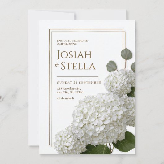 Pure White Minimalist Hydrangea Gold Frame Wedding 招待状 (正面)