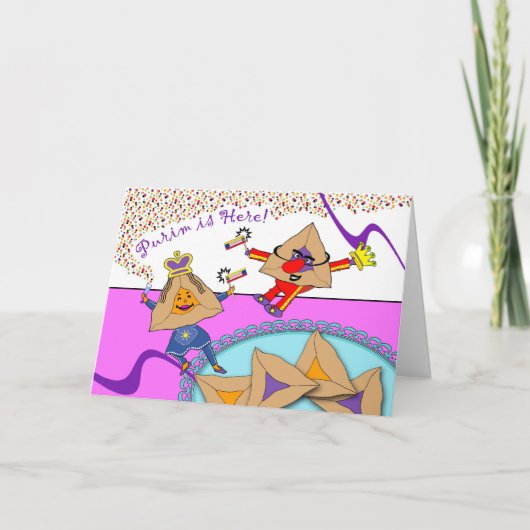 Purimはここにあります! 衣裳カードのHamantaschen カード (正面)