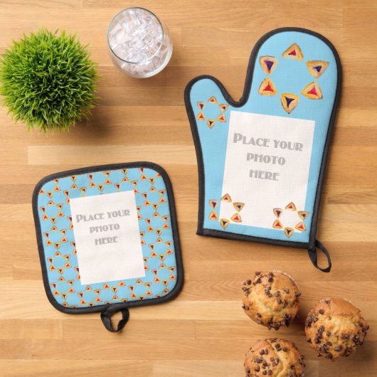 Purim Hamantaschen写真ブルー背景 鍋つかみ&鍋敷きセット (トップダウン)