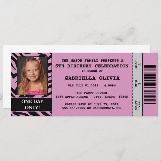 Purplのシマウマのイベントのチケットの誕生日のパーティの招待状 招待状 (正面/裏面)