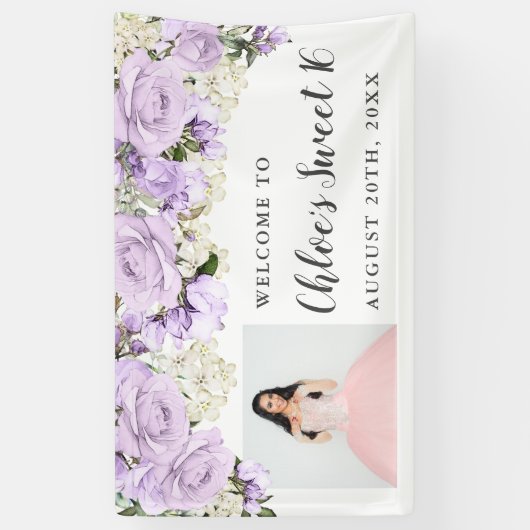 Purpl白素朴フローラ写真甘い16パーティー 横断幕 (縦)