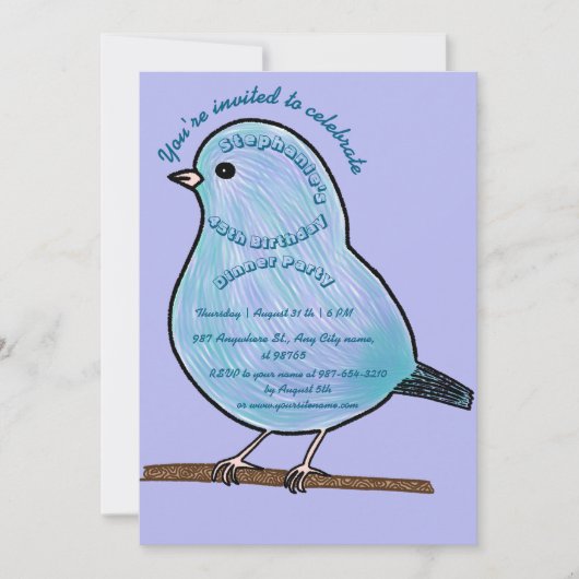 Purple 45th Birthday Cute Bird Dinner Party  招待状 (正面)