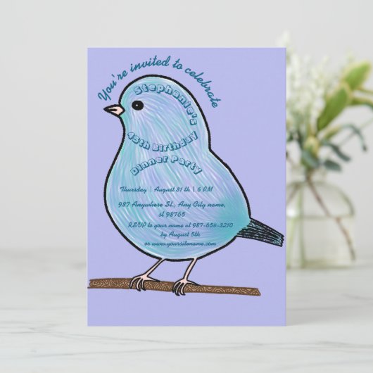 Purple 45th Birthday Cute Bird Dinner Party 招待状 (スタンド正面)