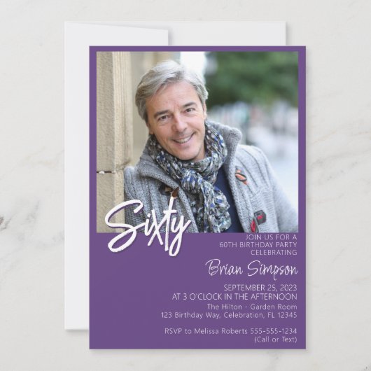 Purple 60誕生日写真 招待状 (正面)