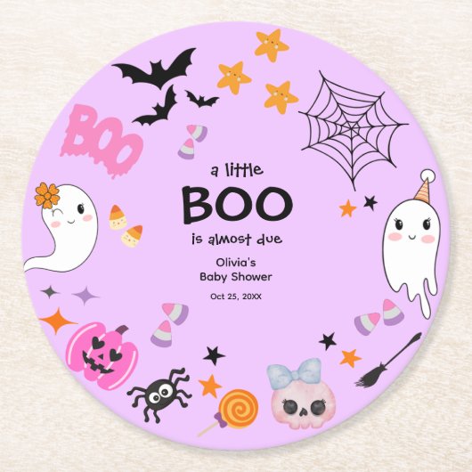 Purple A Little Boo Cute Halloween Baby Shower ラウンドペーパーコースター (正面)
