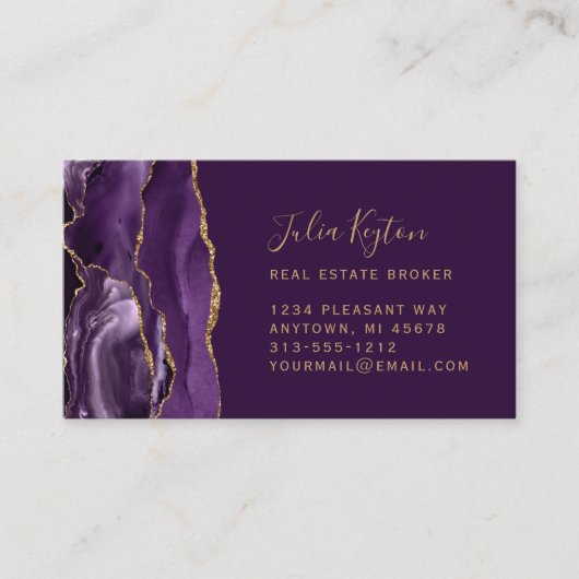 Purple Agate Geode Gold Glitter Real Estate 名刺 (正面)