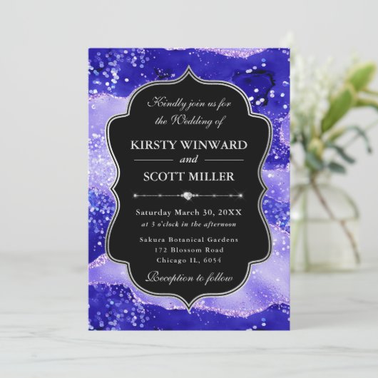 Purple Agate Glitter Glam Elegant Wedding 招待状 (スタンド正面)