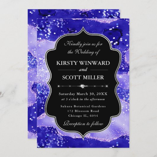 Purple Agate Glitter Glam Elegant Wedding 招待状 (正面/裏面)