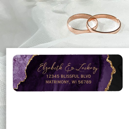 Purple Agate Gold Script Wedding Return Address ラベル