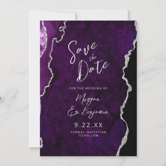 Purple Agate Silver Script Wedding Save the Date 招待状 (正面)