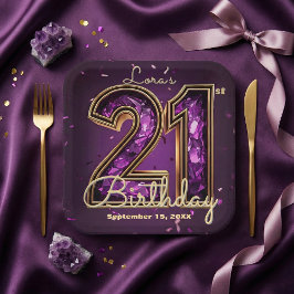 Purple Amethyst Crystal Gold 21st Birthday ペーパープレート