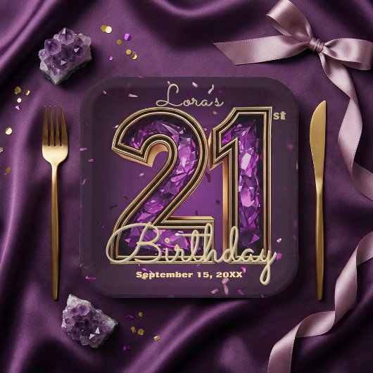 Purple Amethyst Crystal Gold 21st Birthday ペーパープレート