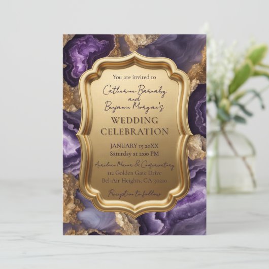 Purple Amethyst & Gold Agate Geode Ornate Wedding 招待状 (スタンド正面)