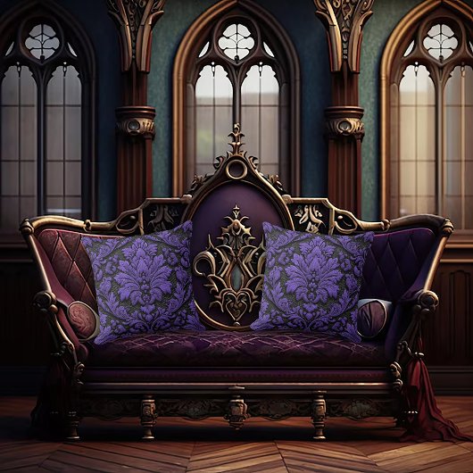 Purple and Black Damask Patterned クッション