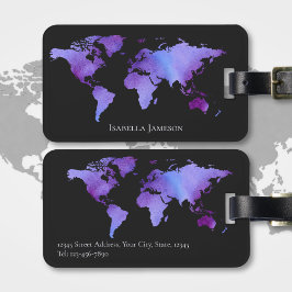 Purple and Black Watercolor World Map Personalized ラゲッジタグ