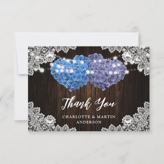Purple and Blue Floral Hearts Wood Lace Wedding サンキューカード (正面)