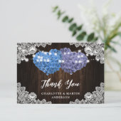 Purple and Blue Floral Hearts Wood Lace Wedding サンキューカード (スタンド正面)