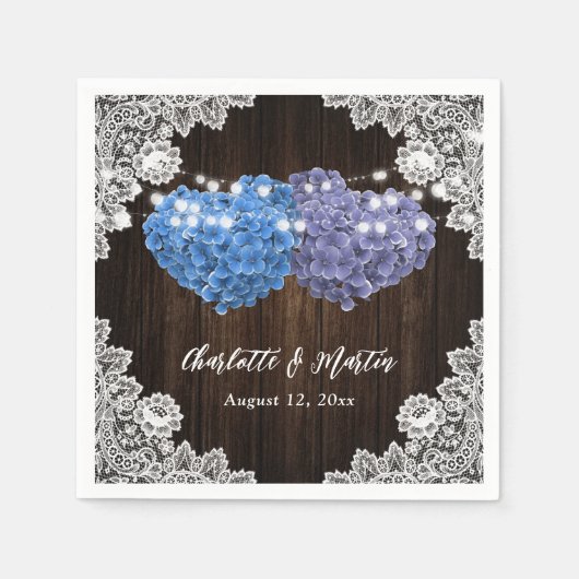 Purple and Blue Floral Hearts Wood Lace Wedding スタンダードカクテルナプキン (正面)