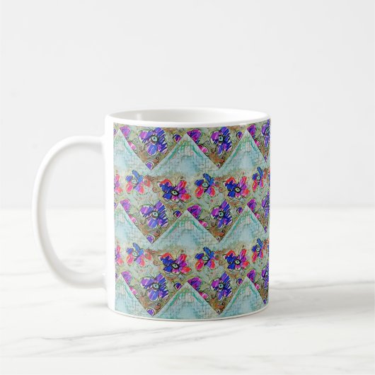 Purple and Blue Flowers Squares Zigzags コーヒーマグカップ (左)