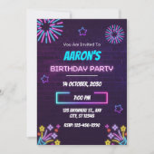 Purple and Blue Neon Glowing Birthday Party 招待状 (正面)