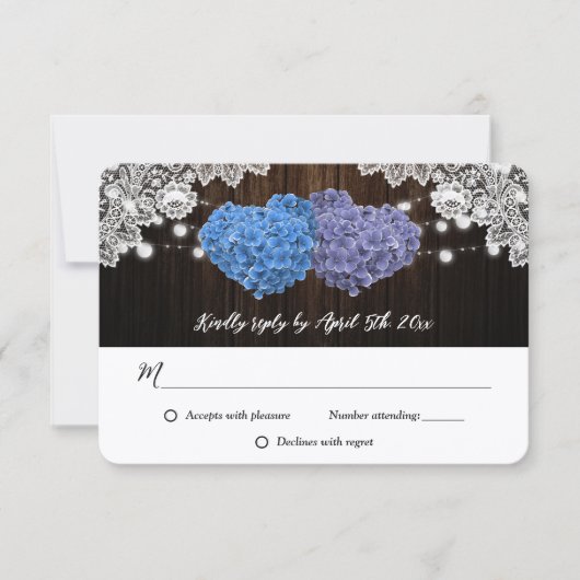 Purple and Blue Rustic Floral Lace Wood Wedding 出欠カード (正面)