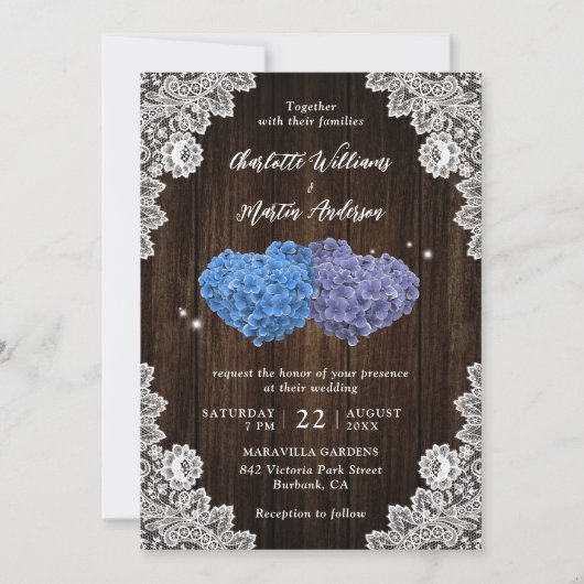 Purple and Blue Rustic Floral Lace Wood Wedding 招待状 (正面)