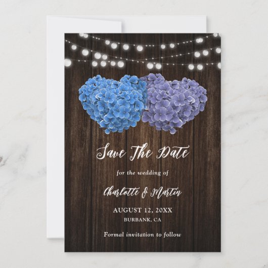 Purple and Blue Rustic Wood Floral Hearts Wedding セーブザデート (正面)