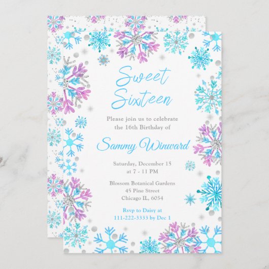 Purple and Blue Snowflakes Sweet Sixteen 招待状 (正面/裏面)