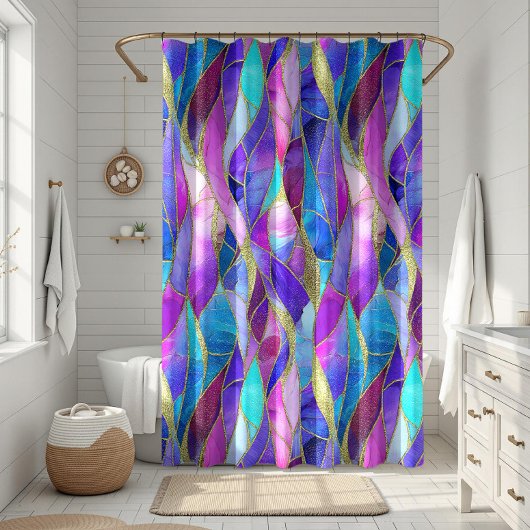 Purple and Blue Stained Glass Mosaic pattern シャワーカーテン