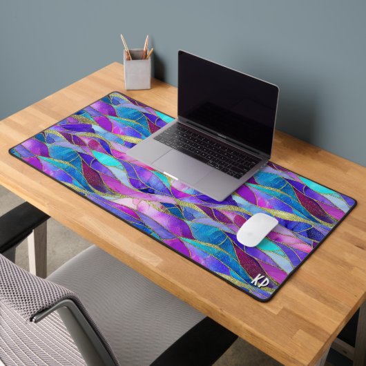 Purple and Blue Stained Glass Mosaic pattern デスクマット (オフィス2)