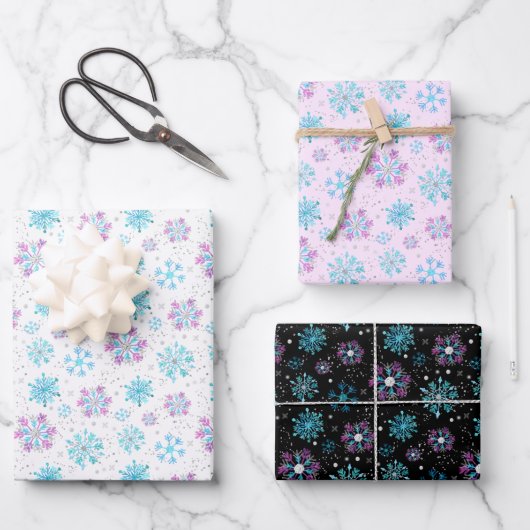 Purple and Blue Winter Snowflakes Pattern ラッピングペーパーシート (正面)