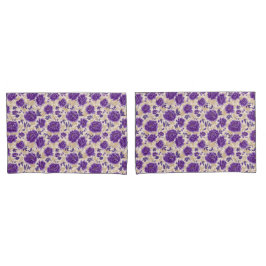 Purple and Cream Floral Pattern Pillowcases 枕カバー