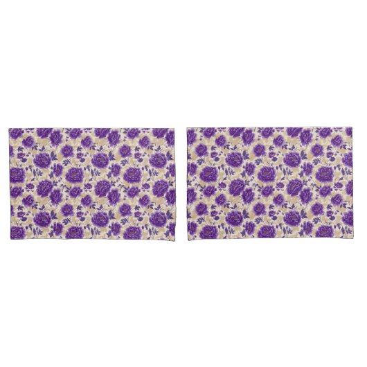 Purple and Cream Floral Pattern Pillowcases 枕カバー (フロントセット)