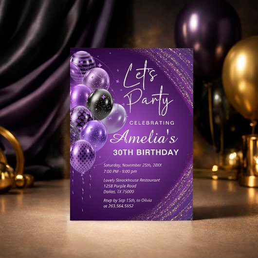 Purple and Gold Adult Birthday Party 招待状