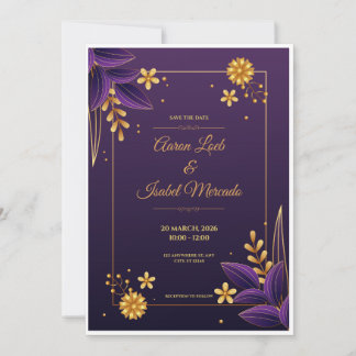 Purple and Gold Aesthetics Floral Save the Date 招待状