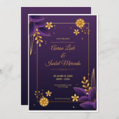 Purple and Gold Aesthetics Floral Save the Date 招待状 (正面/裏面)