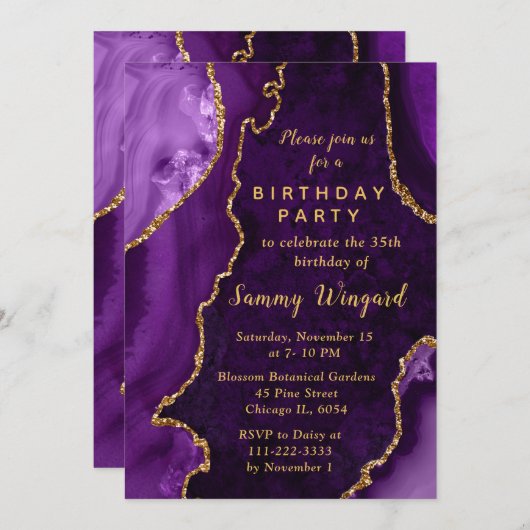Purple and Gold Agate Marble Birthday Party 招待状 (正面/裏面)