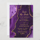 Purple and Gold Agate Marble Save The Date 招待状 (正面)
